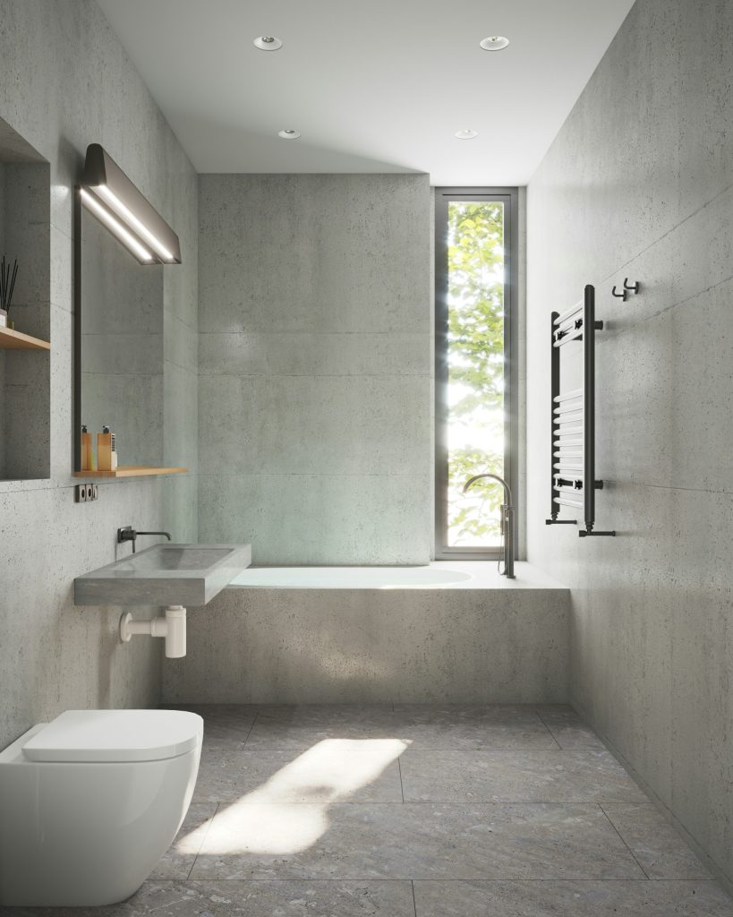 Luxury spa-like bathroom retreat in Encino, California, featuring a concrete floating vanity and backlit mirror.