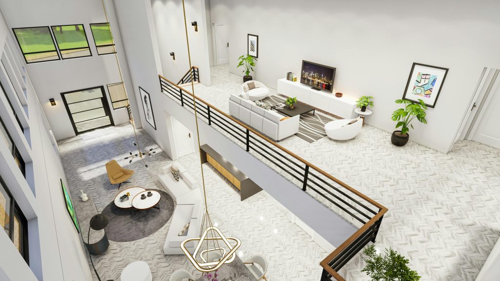 Aerial view of a custom modern open-plan home design in Los Angeles featuring a second-story loft, herringbone floors, and expansive windows by SK Home Designs.